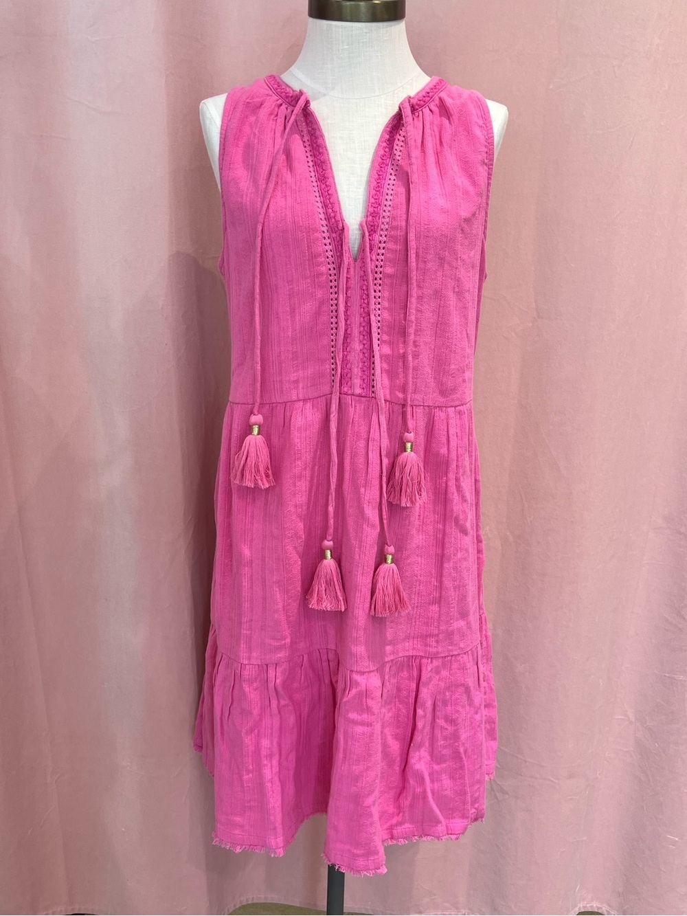 NWT Tommy Bahama Pink Tiered Tassel Mini Dress 100% Cotton Size L — Retail $138